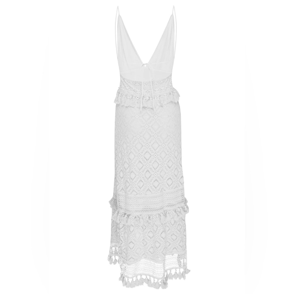 NIGHTCAP Free People *Lima* white crochet lace midi dress w tassels L - Picture 6 of 13